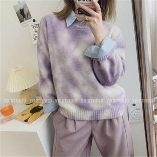 Purple Tie-dye Print Knit Sweater Fall Winter Sweet Korean Casual Loose Pullovers Female Preppy Style Warm Jumper Tops 2020