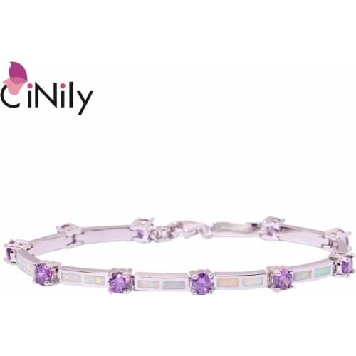 CiNily Created White Fire Opal Purple Stone Silver Plated Wholesale Hot Sell Jewelry for Women Chain Bracelet 7 1/4" OS437