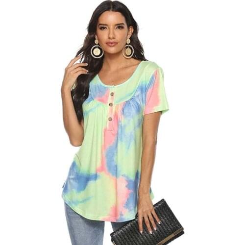 New Tie-dye Print Short Sleeve T-shirt Women Summer Plus Size Button Decoration Office Lady Streetwear Harajuku Tee Tops