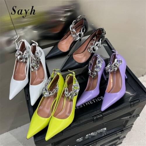 Women Pointy Toe Metal Chain Ankle Strap Sandals Sexy Pumps Pointy Toe Stilettos High-Heel Party Sexy Shoes