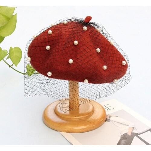 01912-fufan000368 wool blended SOLID pearl lace mesh lady beret cap women dinner formal hat