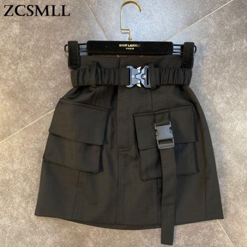 ZCSMLL summer autumn 2021 women skirts with belt waist pocket decoration mourning street fashion high waist black vintage skirt