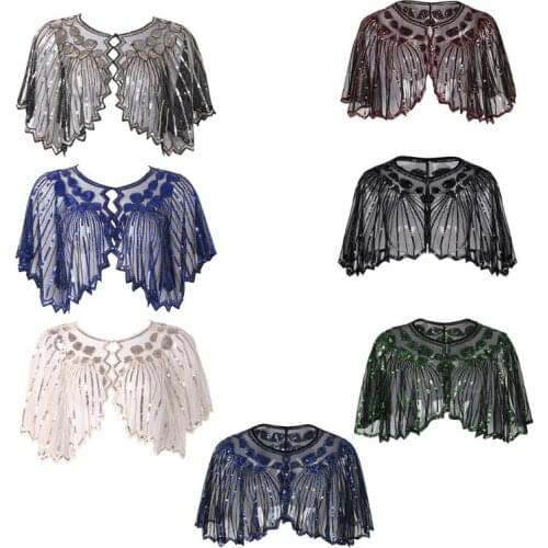Womens 1920s European Vintage Shawl Glitter Sequins Striped Beaded Sheer Luxury Deco Evening Cape Dance Bolero Flapper Up W0YA