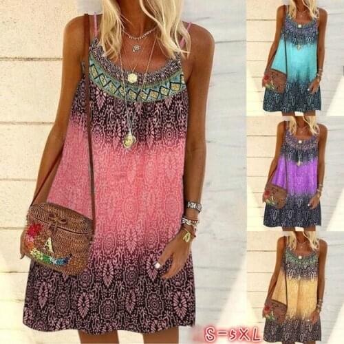 2021 Summer Bohemia Dress Women Vintage Floral Print Spaghetti Strap Mini Dress Casual Sleeveless Loose Vestidos Beach Dresses
