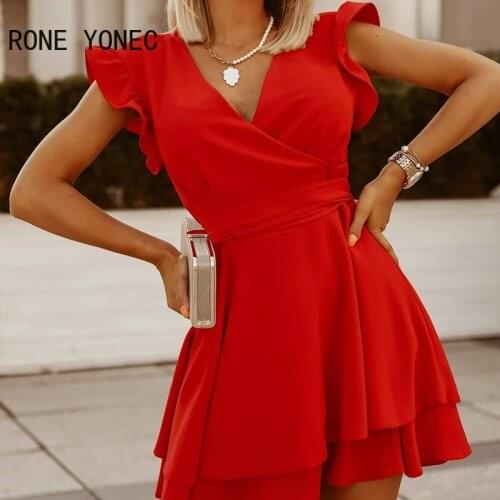 Women Solid V-neck Flying Sleeve Layered Sashes Mini Sexy Red Dress