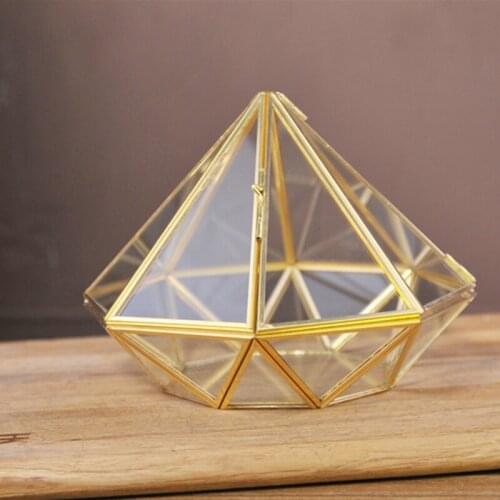 Handmade Gold Open Glass Geometric Terrarium Brass Diamond Succulent Fern Moss Plant Display Container Dropshipping