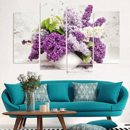 JIE DO ART 4 Panel Modern Lavender Flowers Canvas Painting on Canvas Wall Art Modular Pictures Home Decor for Living Room