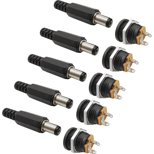 5Pair DC-022 5.5 x 2.1mm DC Power Female Socket Jack Connector Screw Nut Panel Mount 5.5*2.1MM Male Plug