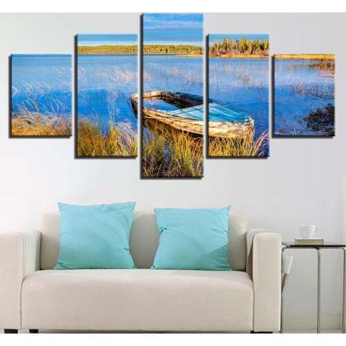 HD Prints Canvas Painting Home Decor 5 Pieces Lake Wall Art Boat Modular Landscape Pictures Bedside Background Artwork Poster