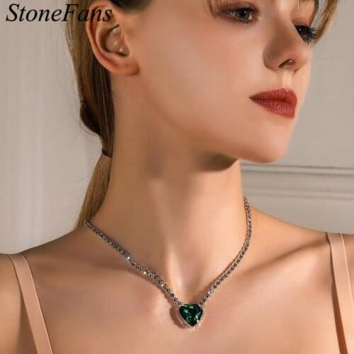 Stonefans Iced Out Rhinestone Heart Choker Necklace for Men Women Collar Cute Green Pendant Tennis Chain Necklace Wholesale Item