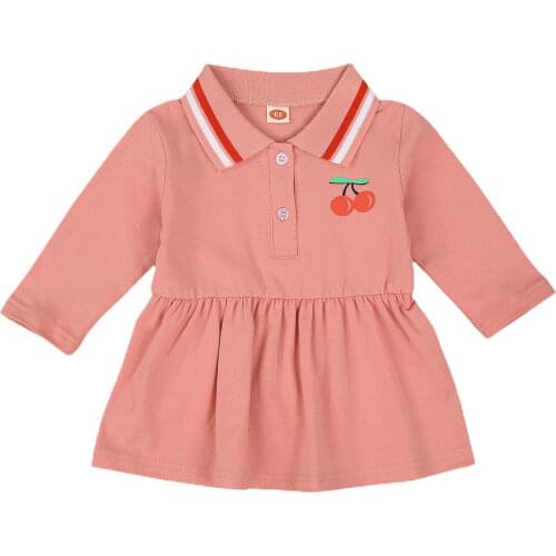 Kids Dress Cherry Print Turn-Down Collar Long Sleeve Dress One-Piece Casual Pink free shipping