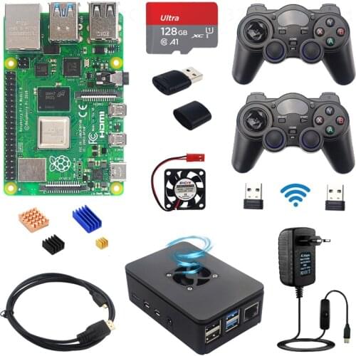 Raspberry Pi 4 Model B Game Kit 2/4/8GB + Wireless Gamepads + 64G/32GB SD Card + Case + Switch Power Supply + Fan + Video Cable