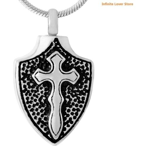 IJD9549 Cross on Shield Capsule Stash Vial Cremation Urn Necklace-Stainless Steel Keepsake Jewelry for Ashes Or Memorial