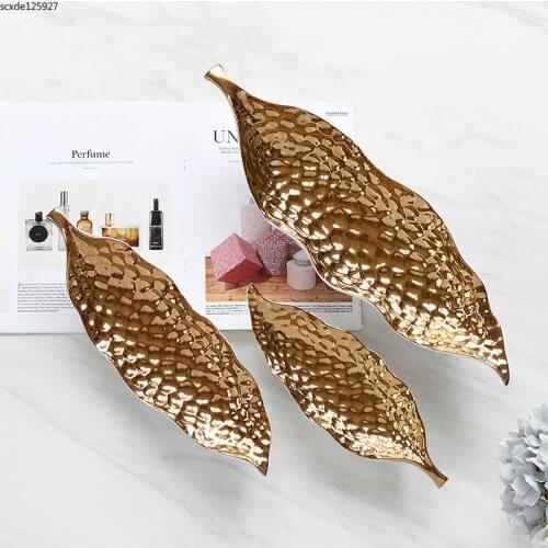 Creative Golden Leaf Ceramic Tray Fruit Plate Luxury Cosmetics Jewelry Display Tray Household Storage Plate Desktop Decoration