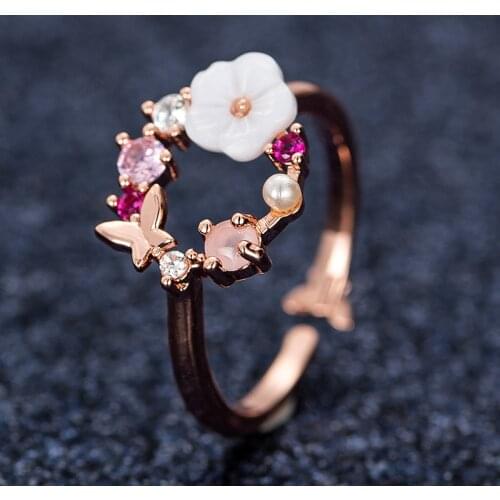 Fashion Crystal Shell Flower Wedding Rings For Women Delicate Zircon Adjustable Opening Finger Rings Jewelry Sweet Party Gifts