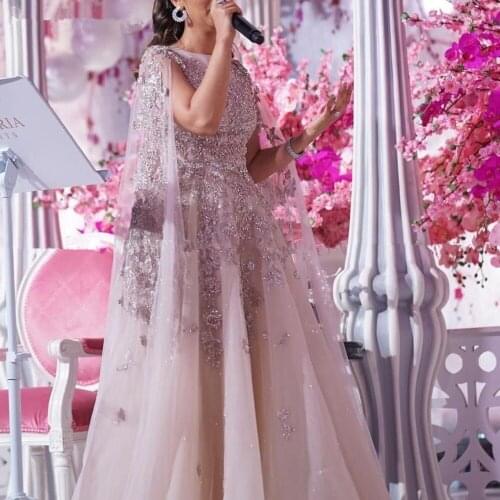 Dubai Muslim Evening Dresses A-line Scoop Tulle Appliques Pearls Saudi Arabia Long Prom Dress Gown Robe De Soiree