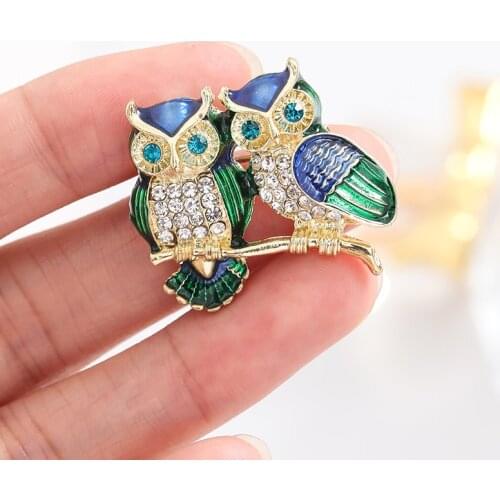 Blue eyes couple owl brooch enamel rhinestone animal pin men and women party jewelry gift