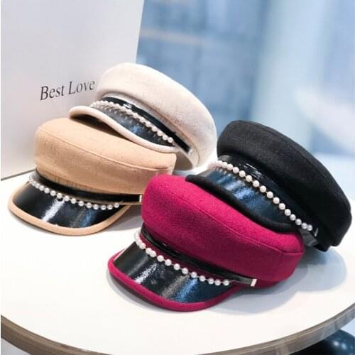 2020 New Retro Plaid PU leather Berets Spring Autumn pearls Beret Military Hat Autumn Sailor Hat For Women Captain Cap