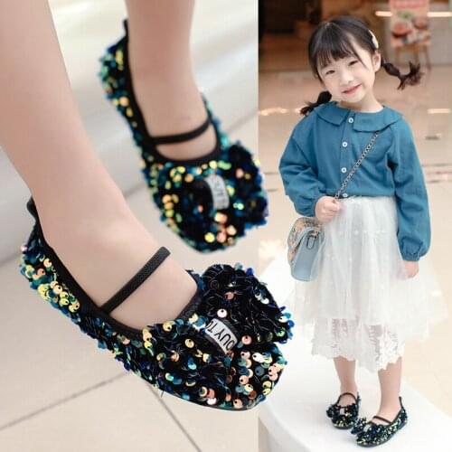 2020 New Fashion Korean Wide Spring Autumn Girls Bling Bow Princess Leather Shoes Girl Kids Dance Shoe Children Sneakers