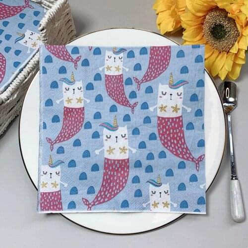 New 20Pcs/Pack Cute Cat Mermaid Decoupage Paper Napkins Unicorn Paper Tissues for Girls Birthday Party Table Decor Hot Sale C