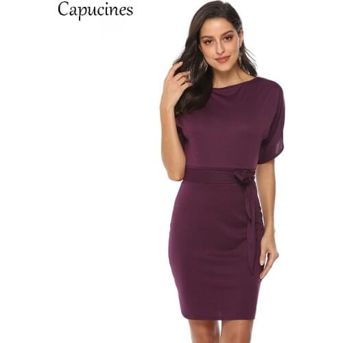 Capucines Autumn Solid Sashes Dress Women Batwing Sleeve O-Neck Casual Knitted Dresses Split Short Sleeves Mini T-shirt Dress