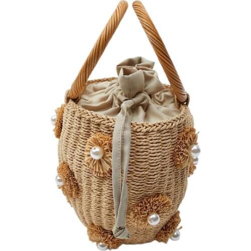 Straw Handbag Women Summer Drawstring Tote Bag Purse with Carry Handles Loop