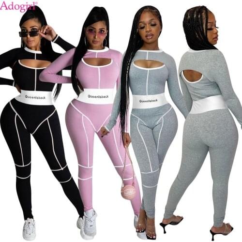 Adogirl Letter Print Sporty Ribbed Two Piece Jumpsuit Set Long Sleeve Cape Bodycon Jogging Romper Tracksuit Workout GYM Wear