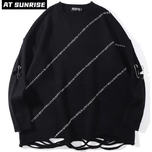 Men Streetwear oversizde Sweater Pullover Hip Hop Holes pin Sweater 2021 Autumn Harajuku Cotton Casual Sweater Black Pullover