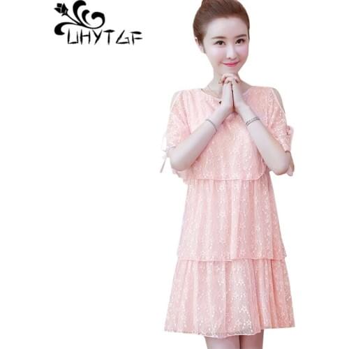 UHYTGF Women dress Cute girl summer dress fashion lace party dresses short sleeve stitching off shoulder Sexy dress Plus size146