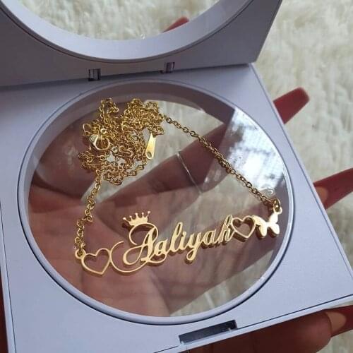 Personlized Heart Butterfly Pendant Necklace Customized Name Gold Plated Stainless Steel Chain Necklace for Lady Girl Kids