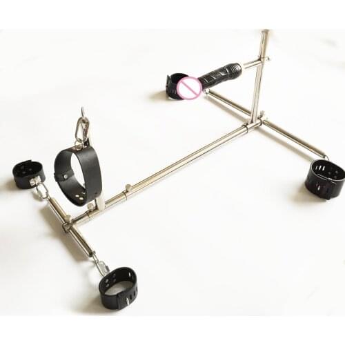 Unisex Stainless Steel Bondage Frame Leather Handcuffs Wrist Cuffs Anklet Neck Collar Dildo Dog Slaves Devices BDSM Sex Toy