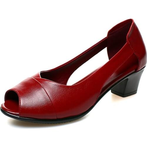 Dropshipping Summer Genuine Leather Comfortable Ladies Mid Heel Sandals Women Shoes Hollow Peep Toe Square Heel Sandals Woman