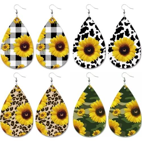 Mixed Sunflower Plaid Leopard Print Vegan Leather Teardrop Earrings for Women 2021 Blooming Flower Camouflage Earrings