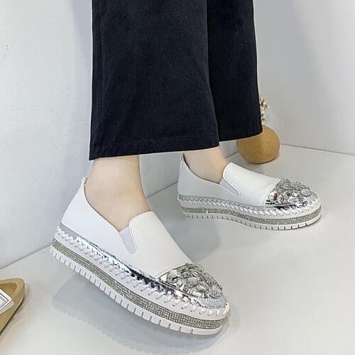 Rimocy 2021 New Silver Crystal Flat Shoes Woman Comfortable PU Leather White Casual Shoes Women Platform Slip on Loafers Bling