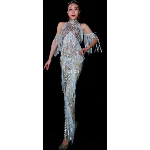 Full Rhinestone Silver Fringe Party Dress Lady Evening Sexy Off Shoulder Long Dress Prom Birthday Show Shining Crystal Dresses