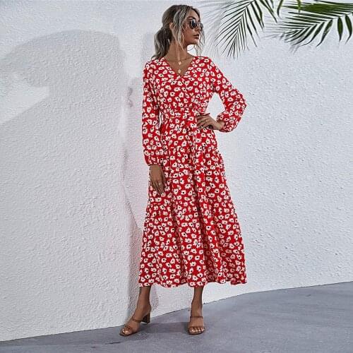 Elegant Floral Print V-neck Puff Sleeve Long Dress Women Casual Slim Robe Maxi Vestidos Autumn Winter Elegant Red Sashes Dress