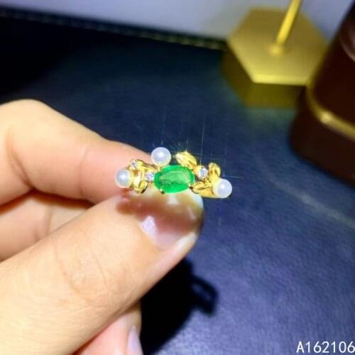 925 Pure Silver Chinese Style Natural Emerald Womens Classic Noble Pearl Plant Adjustable Gem Ring Fine Jewelry Support Detecti