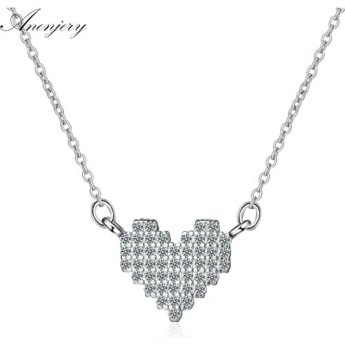 ANENJERY 925 Sterling Silver Simple Two Colors Zircon Love Heart Necklace Short Chain Clavicle Necklace For Women S-N328