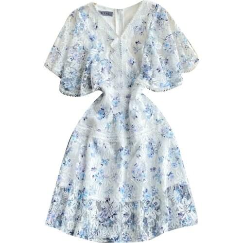 2021 Summer New Fashion Temperament Vestidos Womens V-neck Cloak Ruffled Short-sleeved Slim Printed Lace Midi Dress KK535