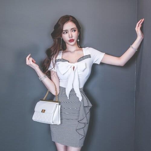 New arrival fashion night club party bodycon bow dress women elegant summer sexy temperament patchwork mini pencil dress
