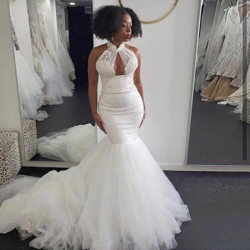 Simple High Neck Mermaid Wedding Dresses Sexy Appliques Lace Beach Bridal Dress Lace Up Back African vestidos de novia