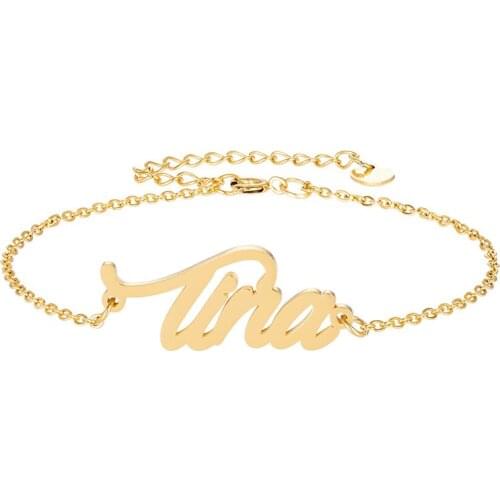 Gold Steel Name " Tina " Letter Bracelets for Women Girl Charm Bracelets Pulseira Masculina Handwriting Words Christmas Gift