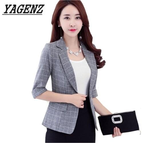 2020 Fashion Slim Womens Short Suit Single Breasted Casual Blazers High Quality Women Gray Plaid Office Lady Blazer Jackets 3XL