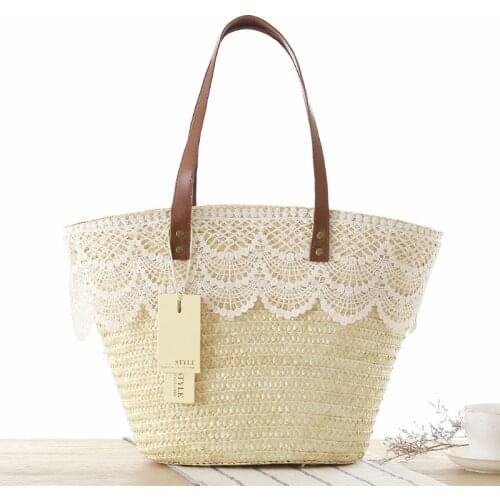 Aaby 2021 New Fashion Straw Lace Handbag For Women Large Capacity Shoulder Bag With PU Handle Beach Bag Women Brand Rattan