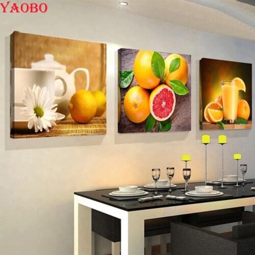 3pcs/set 5D DIY Diamond Painting Orange Juice Mosaic Cross Stitch Fruit Pictures Mosaic beaded Embroidery sale Kitchen Decor
