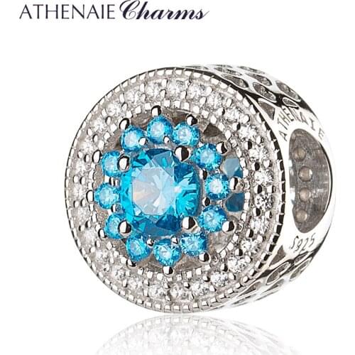 ATHENAIE Christmas Gift 925 Sterling Silver with Pave Clear CZ &Blue Heart Radiant Openwork Charm Beads