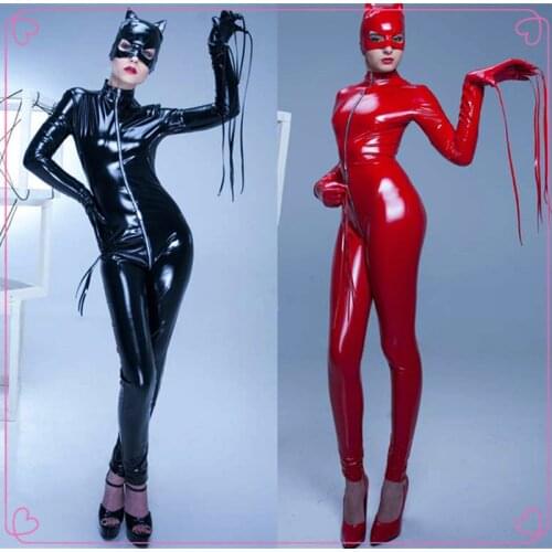 Black Tigh PVC Leather Catsuit Exotic Sexy Zipper Open Crotch Stretchable Bondage Jumpsuit Catwomen Clubwear Cosplay Costume