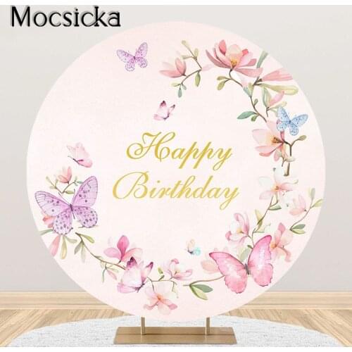 Mocsicka Butterfly Birthday Party Backdrop for Girls Fairy Butterflies Floral Princess Tea Party Round Elastic Circle Cover