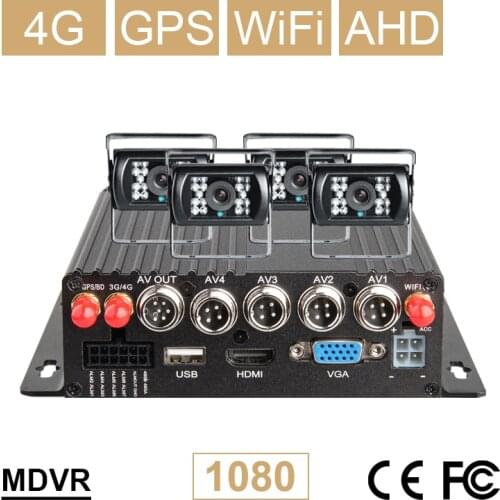 Waterproof Outdoor Bus CCTV Camera 4Pcs+4G GPS Wifi 4CH AHD 1080P SD Car Video Recorder Mobile Dvr Kits G-sensor I/O Real Time