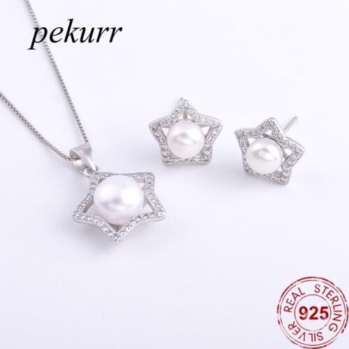 Pekurr 925 Sterling Silver 3D Zircon Star Freshwater Natural Pearl Earrings Necklace Sets For Women Hollow Pendant Jewelry Set